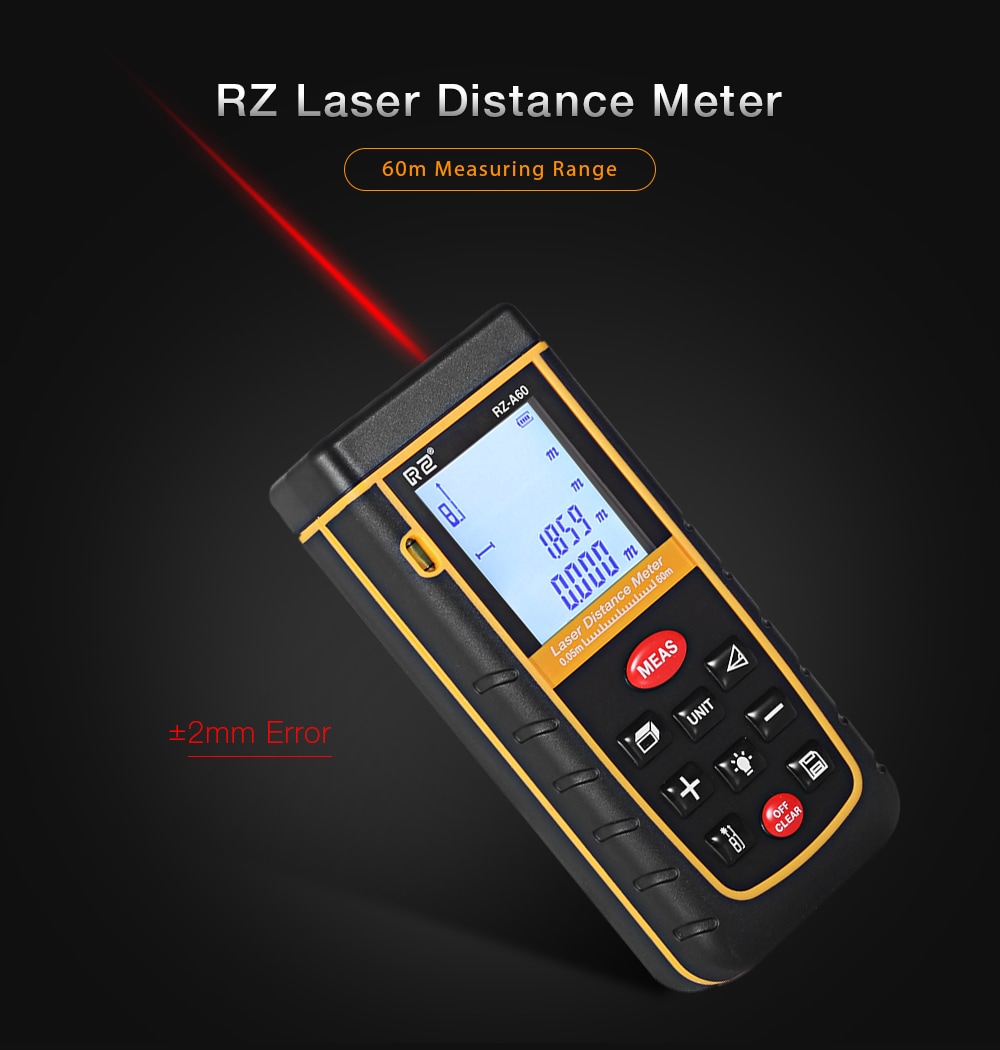 RZ A60 Portable Laser Distance Meter 0.05 to 60m with Bubble Level High Accuracy Measurement- Yellow and Black