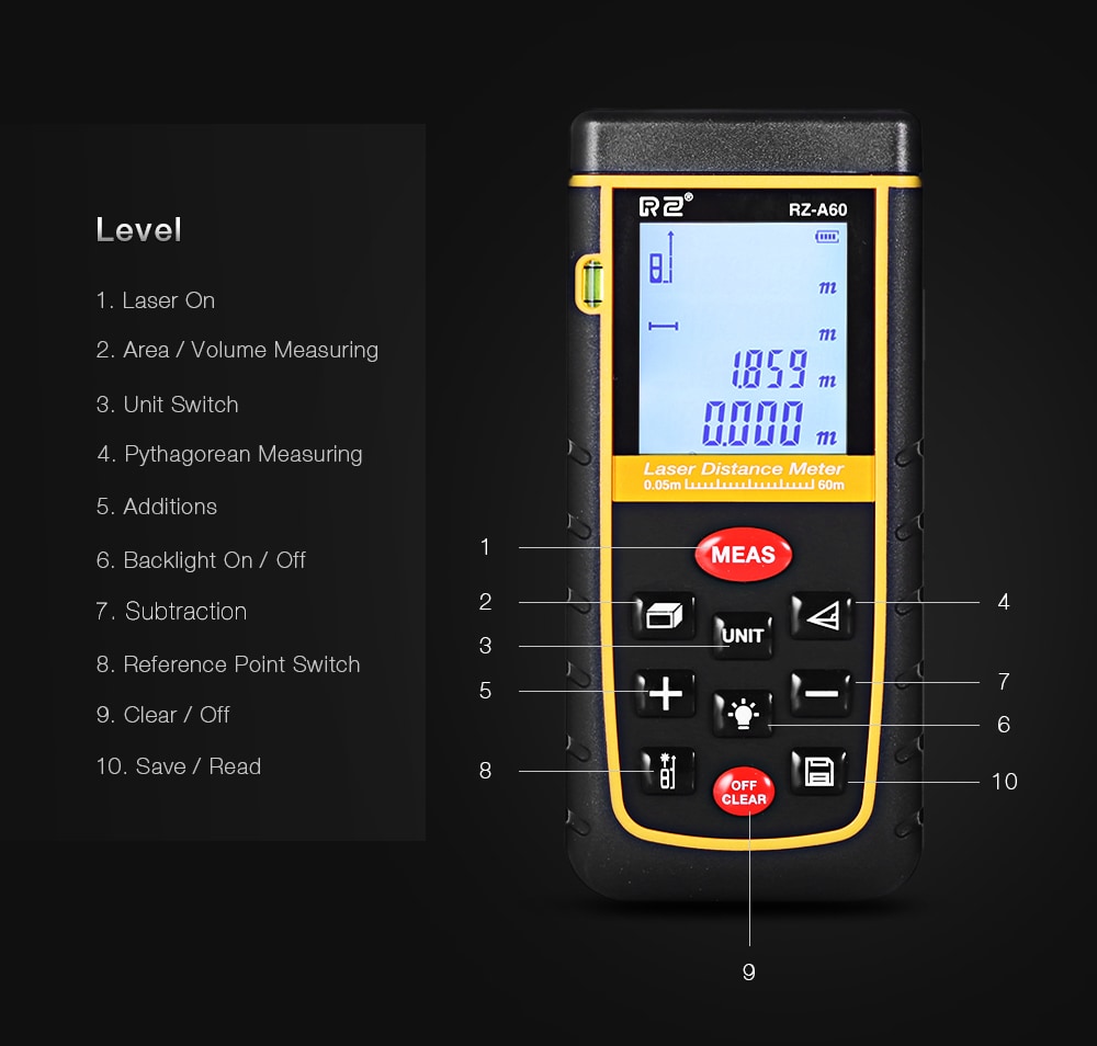 RZ A60 Portable Laser Distance Meter 0.05 to 60m with Bubble Level High Accuracy Measurement- Yellow and Black