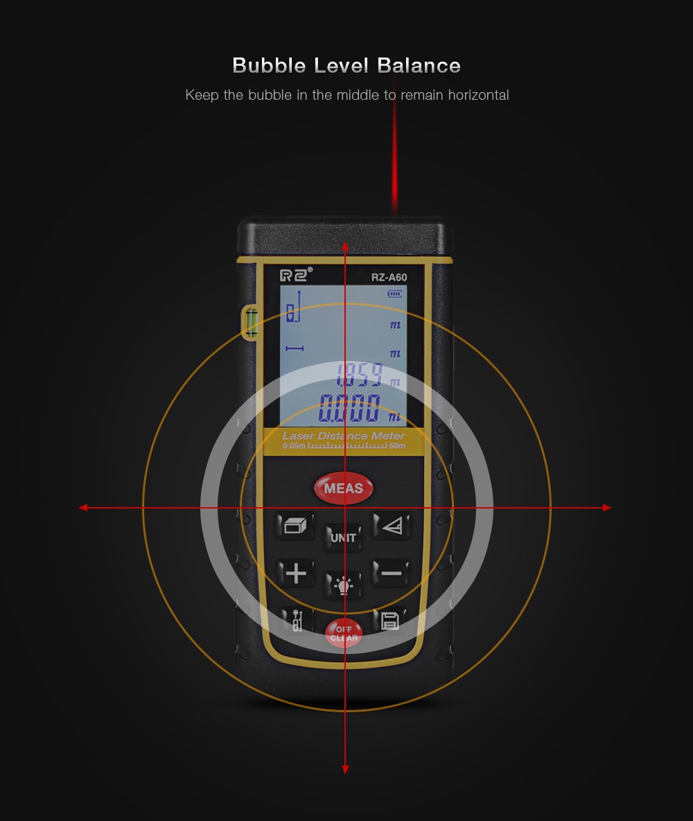 RZ A60 Portable Laser Distance Meter 0.05 to 60m with Bubble Level High Accuracy Measurement- Yellow and Black