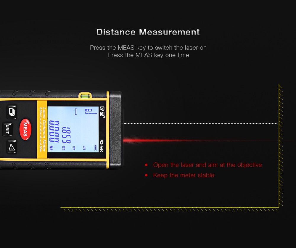 RZ A60 Portable Laser Distance Meter 0.05 to 60m with Bubble Level High Accuracy Measurement- Yellow and Black