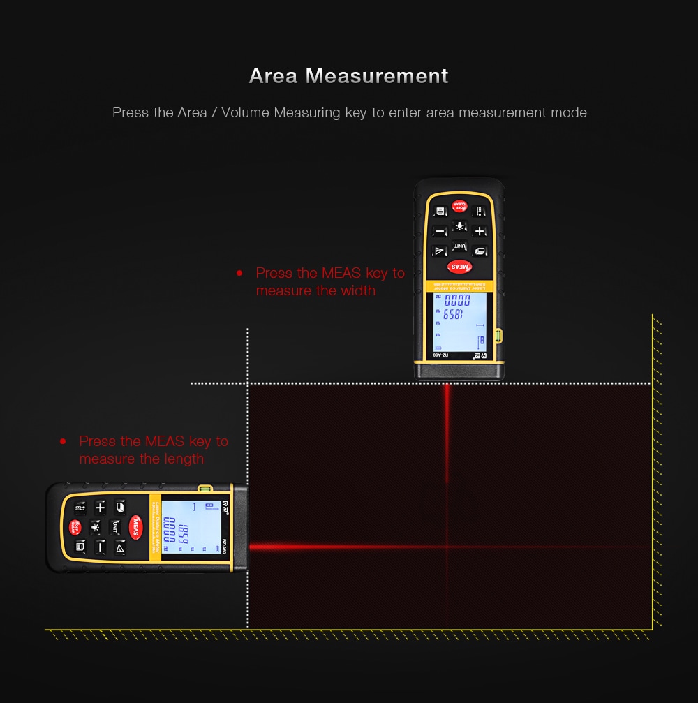 RZ A60 Portable Laser Distance Meter 0.05 to 60m with Bubble Level High Accuracy Measurement- Yellow and Black