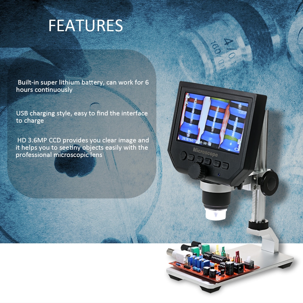 Portable LED Digital Microscope 4.3IN LCD 3.6MP OLED G600 1-600X Magnification- Silver AU Plug