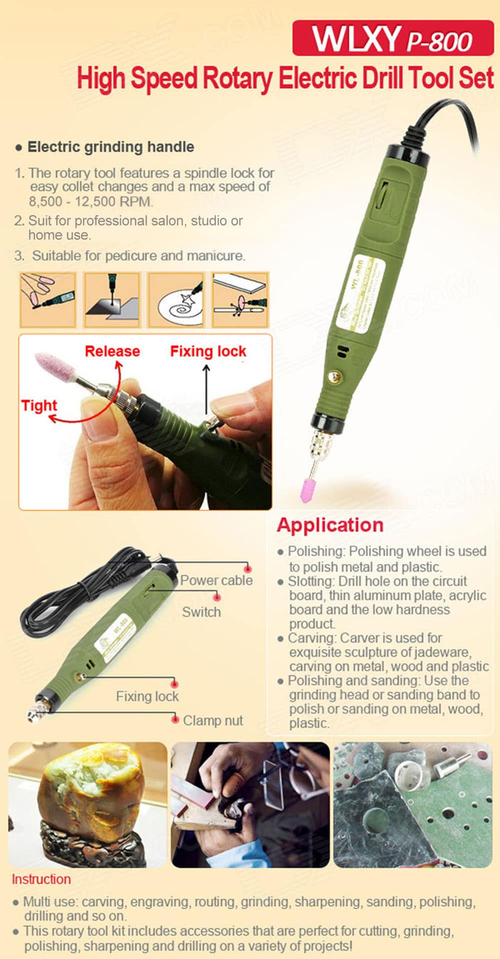 WLXY P-800 80 in 1 Multi-functional Mini Electric Drill Polish Grinder Tool Set - US Plug- Colormix EU Plug