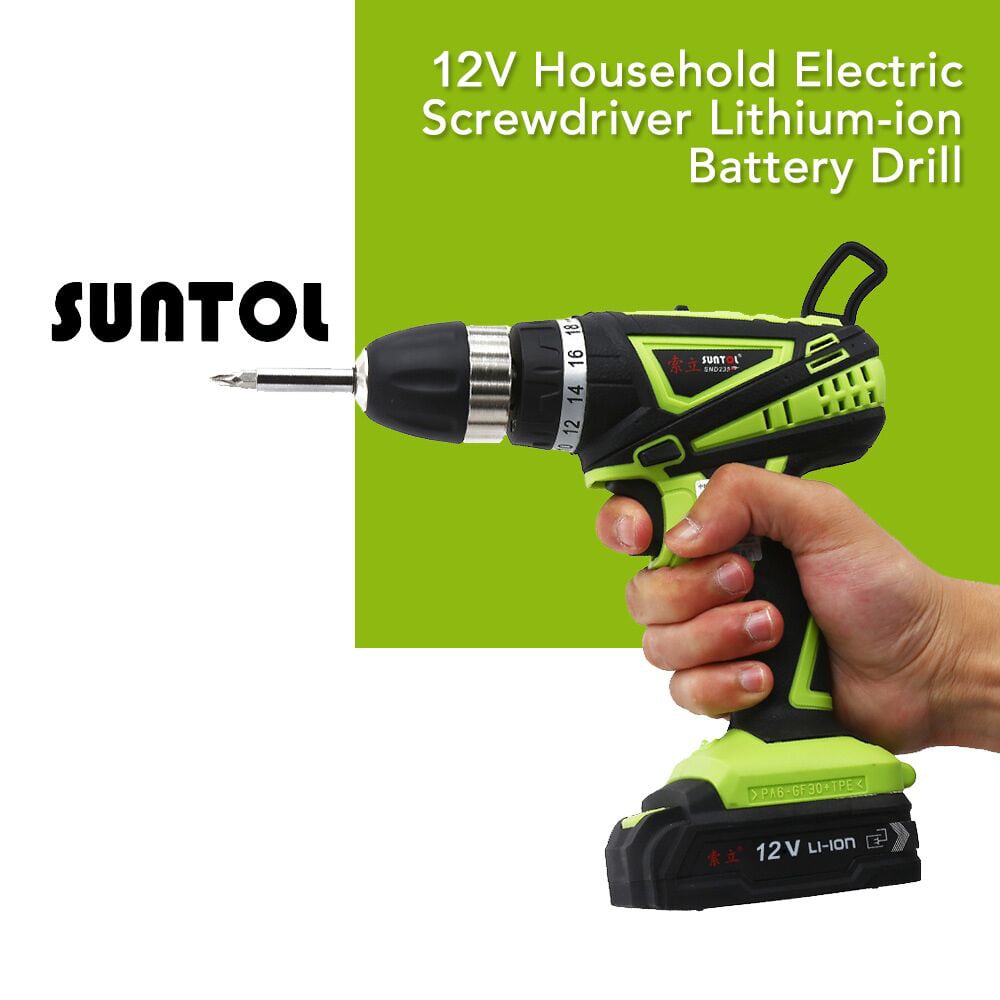 SUNTOL 12V Multi-function Lithium-ion Battery Electric Drill Screwdriver Power Tool- Black and Green