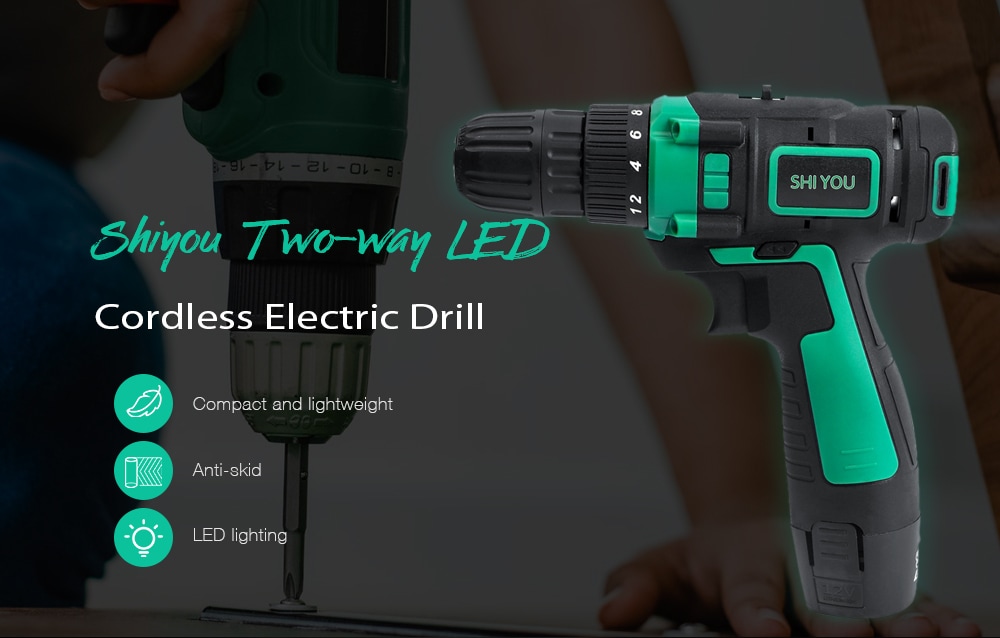 Shiyou 12V Two-way LED Cordless Electric Drill - Light Sea Green