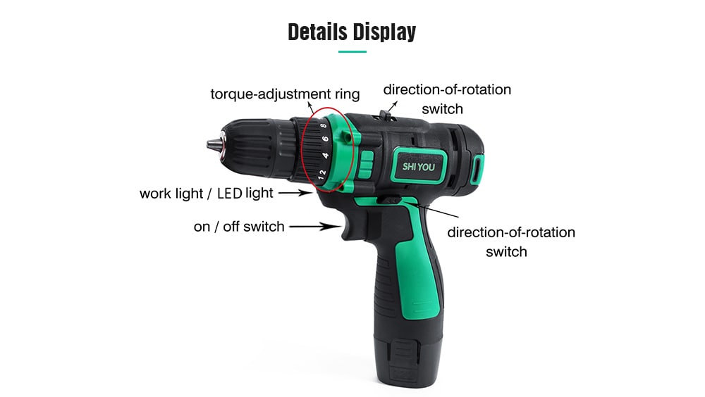 Shiyou 12V Two-way LED Cordless Electric Drill - Light Sea Green