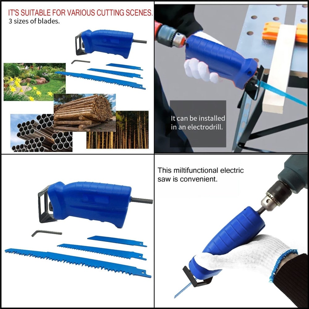 Reciprocating Saw Electric Drill Attachment Cutting Wood Metal and 3 Blades- Blue