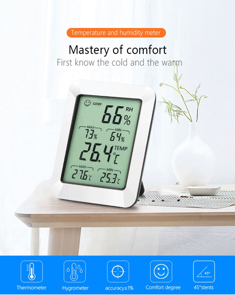 RZ820 Large LCD Digital Thermo-hygrometer Weather Thermometer Hygrometer Monitor Temperature and Humidity Meter for Home Office- White