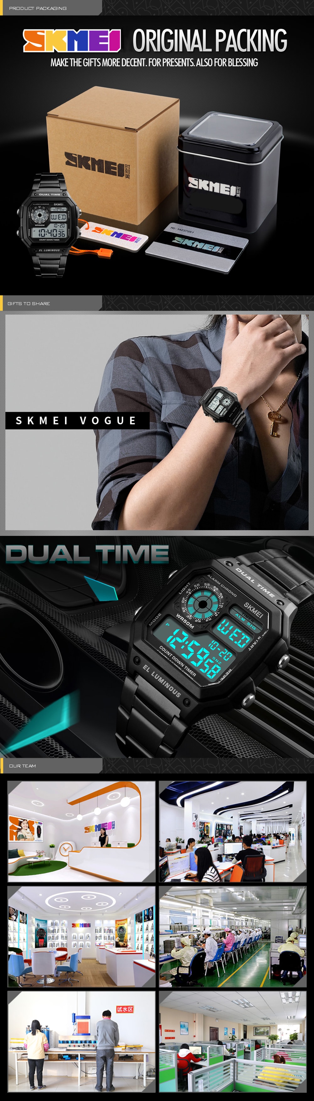 SKMEI Men Sports  Waterproof Watch Stainless Steel Fashion Digital Wristwatches- Gold