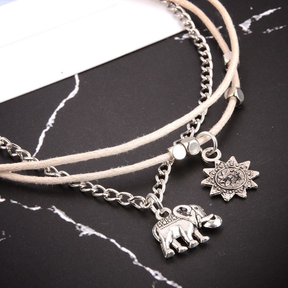 Women'S Fashion Bohemia Baby Elephant Sun Triple Bead Anklet- Silver 1 set