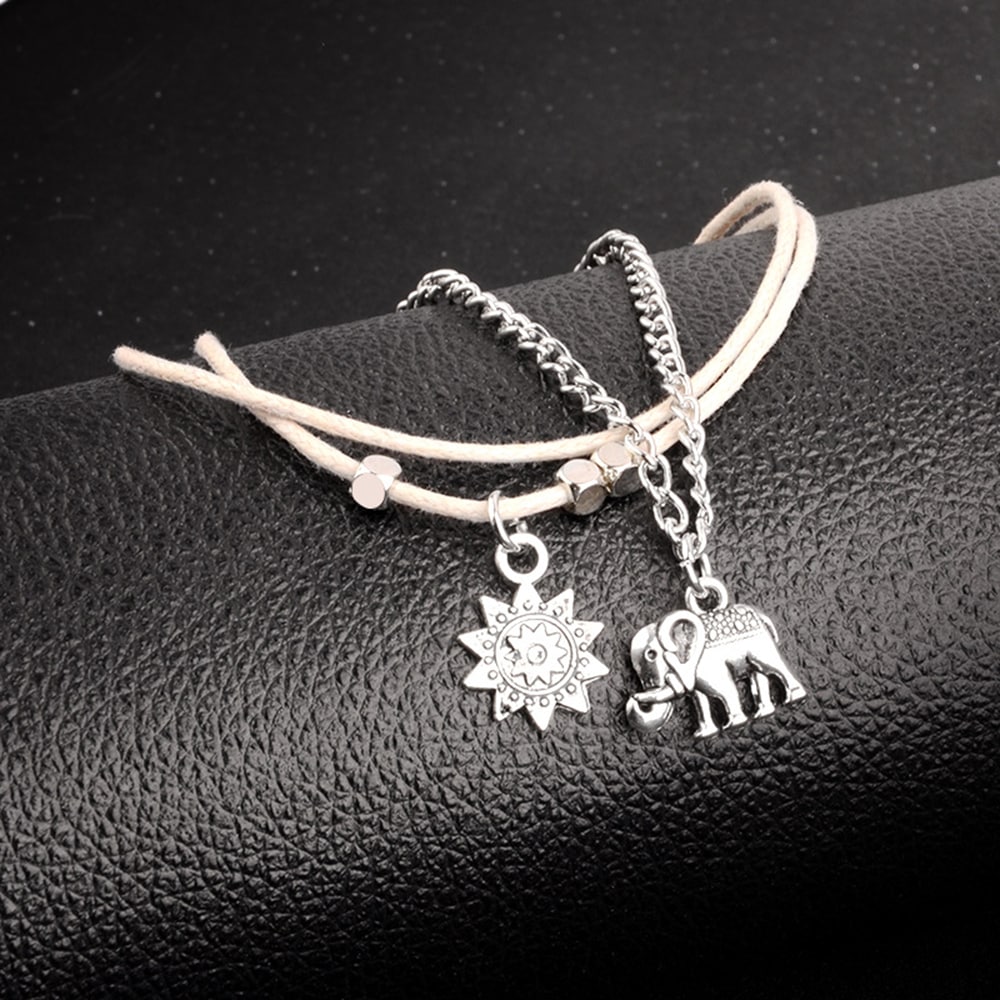 Women'S Fashion Bohemia Baby Elephant Sun Triple Bead Anklet- Silver 1 set