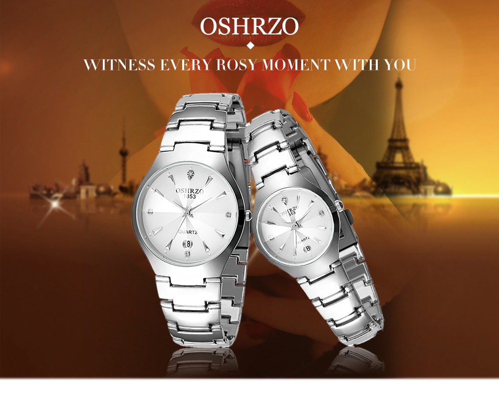 OSHRZO os8015g1 Couple Quartz Watch Date Display Rhinestone Stainless Steel Band Water Resistance Wristwatch- Black