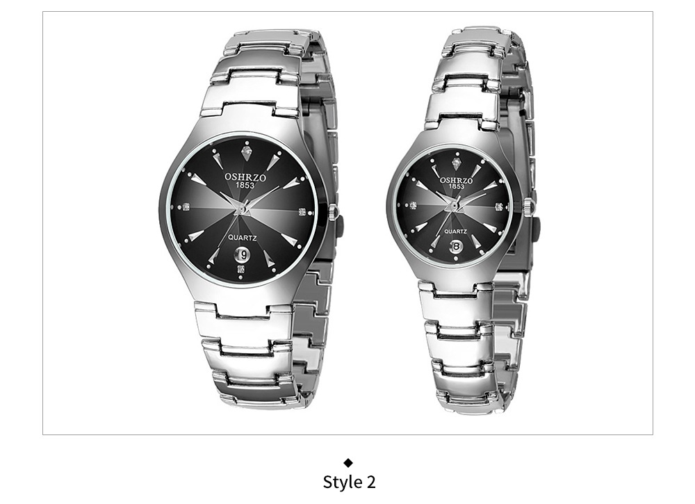 OSHRZO os8015g1 Couple Quartz Watch Date Display Rhinestone Stainless Steel Band Water Resistance Wristwatch- Black