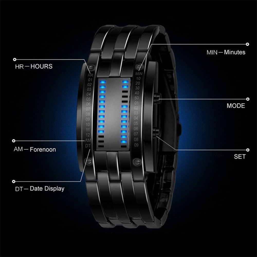 REEBONZ Water Resistant Men Date Binary Digital LED Bracelet Watch Rectangle Dial Sports Couple Watch- Silver