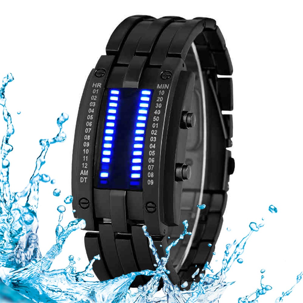 REEBONZ Water Resistant Men Date Binary Digital LED Bracelet Watch Rectangle Dial Sports Couple Watch- Silver