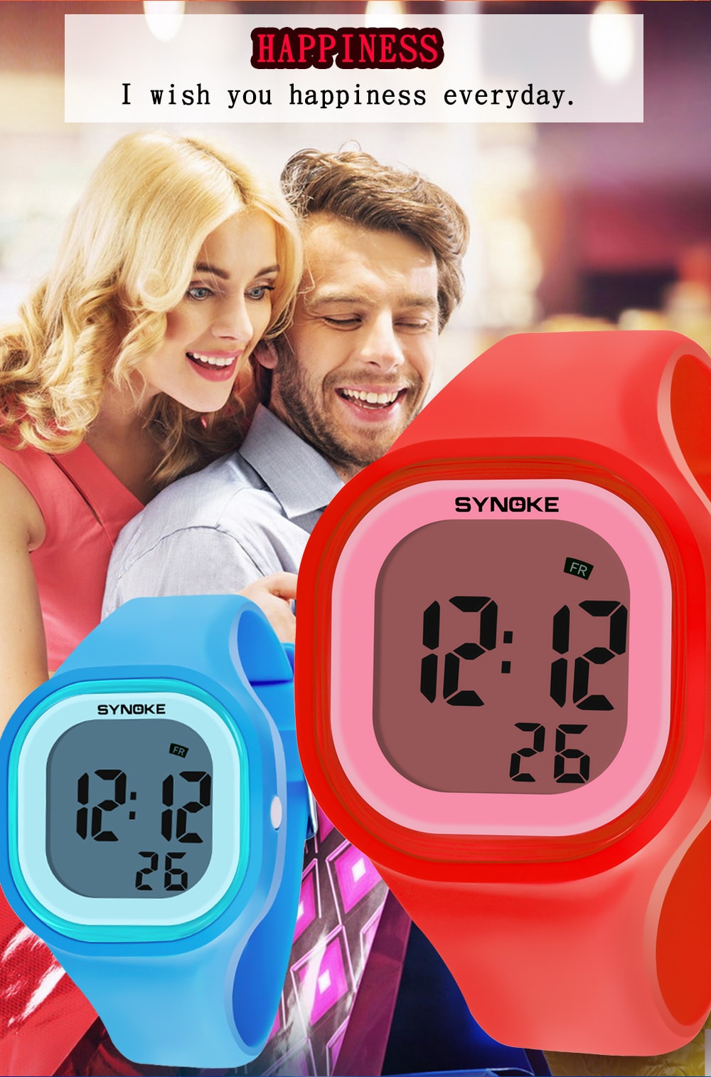 SYNOKE 66896 Waterproof Silicone Band Couple Electronic Watch- Pink