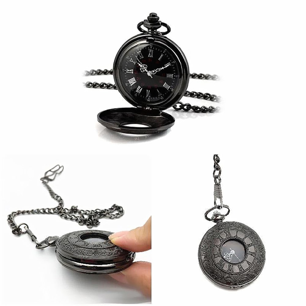 Roman Pattern Steampunk Retro Vintage Quartz Numerals Pocket Watch- Black