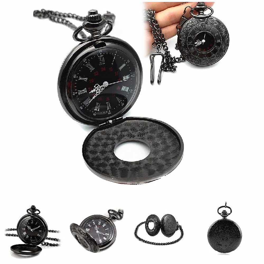 Roman Pattern Steampunk Retro Vintage Quartz Numerals Pocket Watch- Black