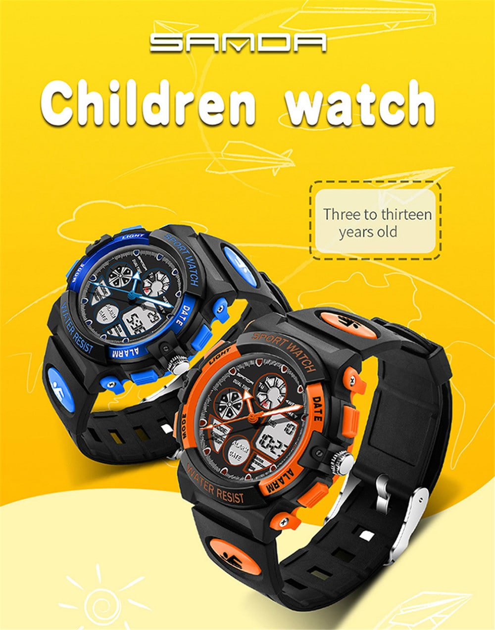 SANDA Dual Display Digital Children Colorful Alarm Luminous Calendar Watch- Red