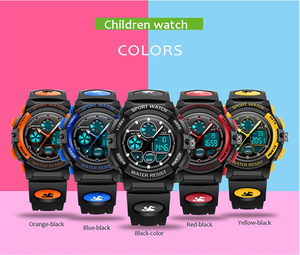 SANDA Dual Display Children Colorful Alarm Luminous Calendar Watch- Red