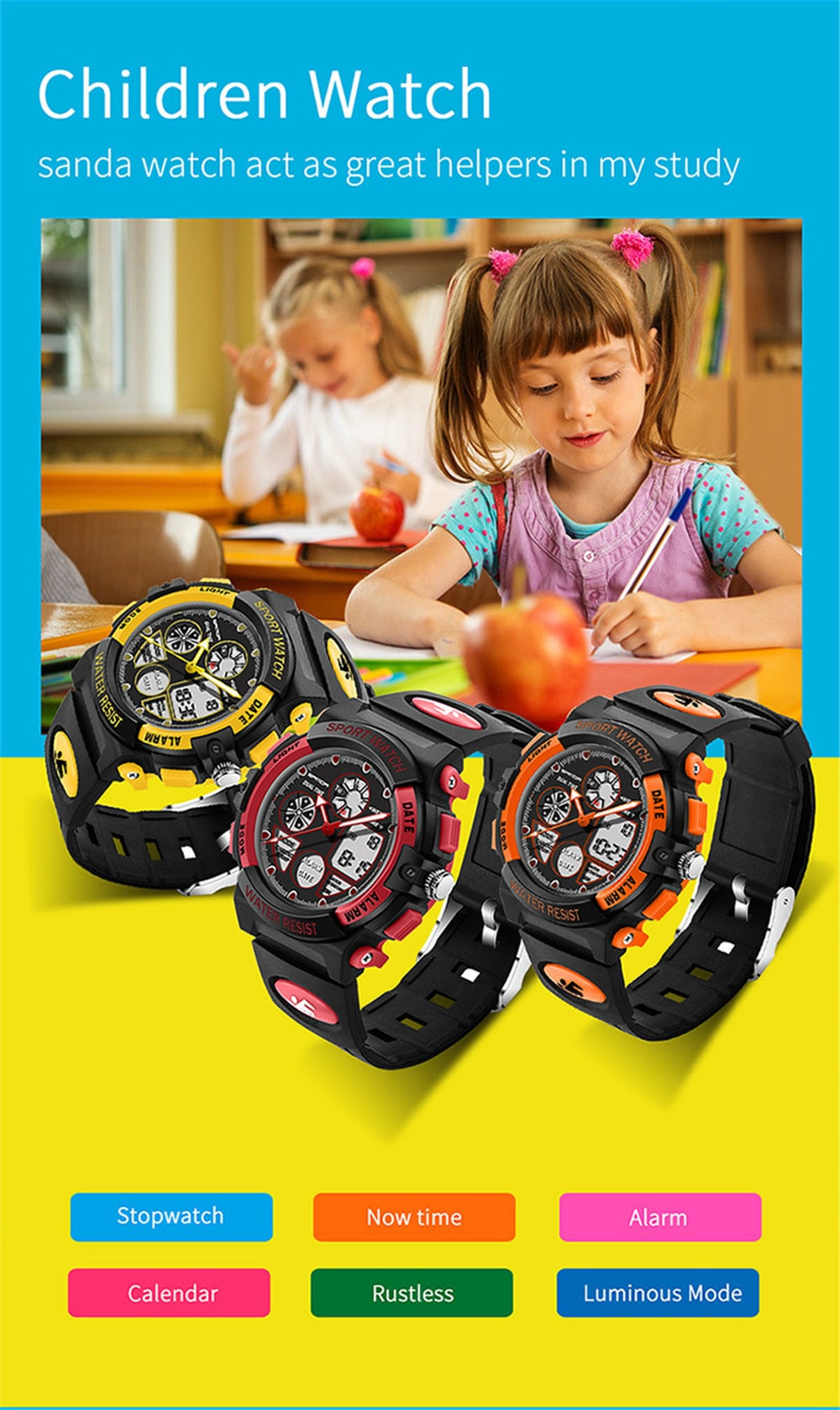 SANDA Dual Display Children Colorful Alarm Luminous Calendar Watch- Red