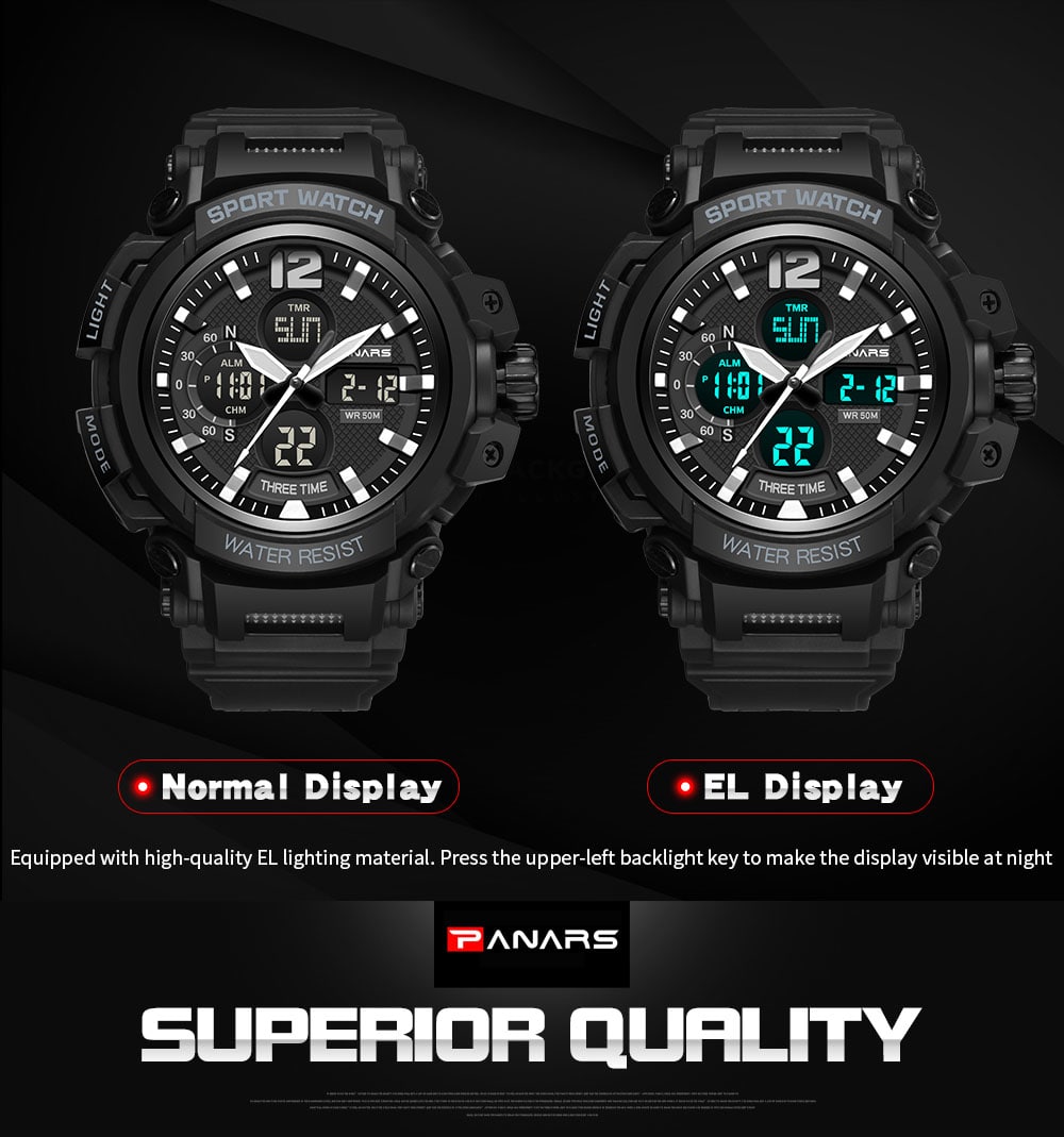 PANARS 8205 Digital Quartz Waterproof Male Watch- Black