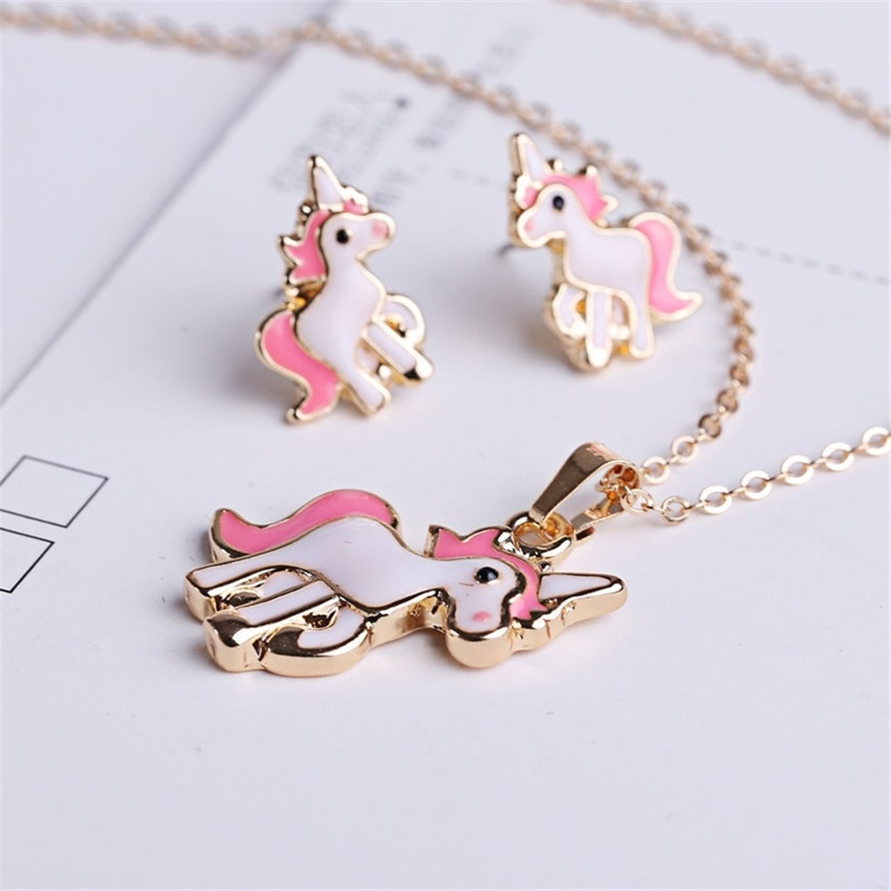 Pink Unicorn Necklace Earrings- Pink