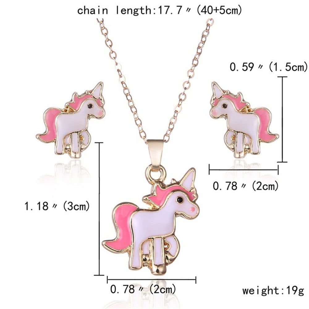 Pink Unicorn Necklace Earrings- Pink