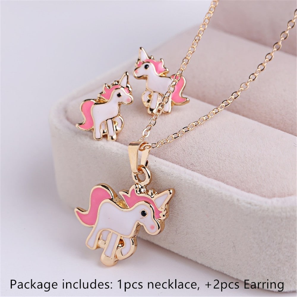 Pink Unicorn Necklace Earrings- Pink