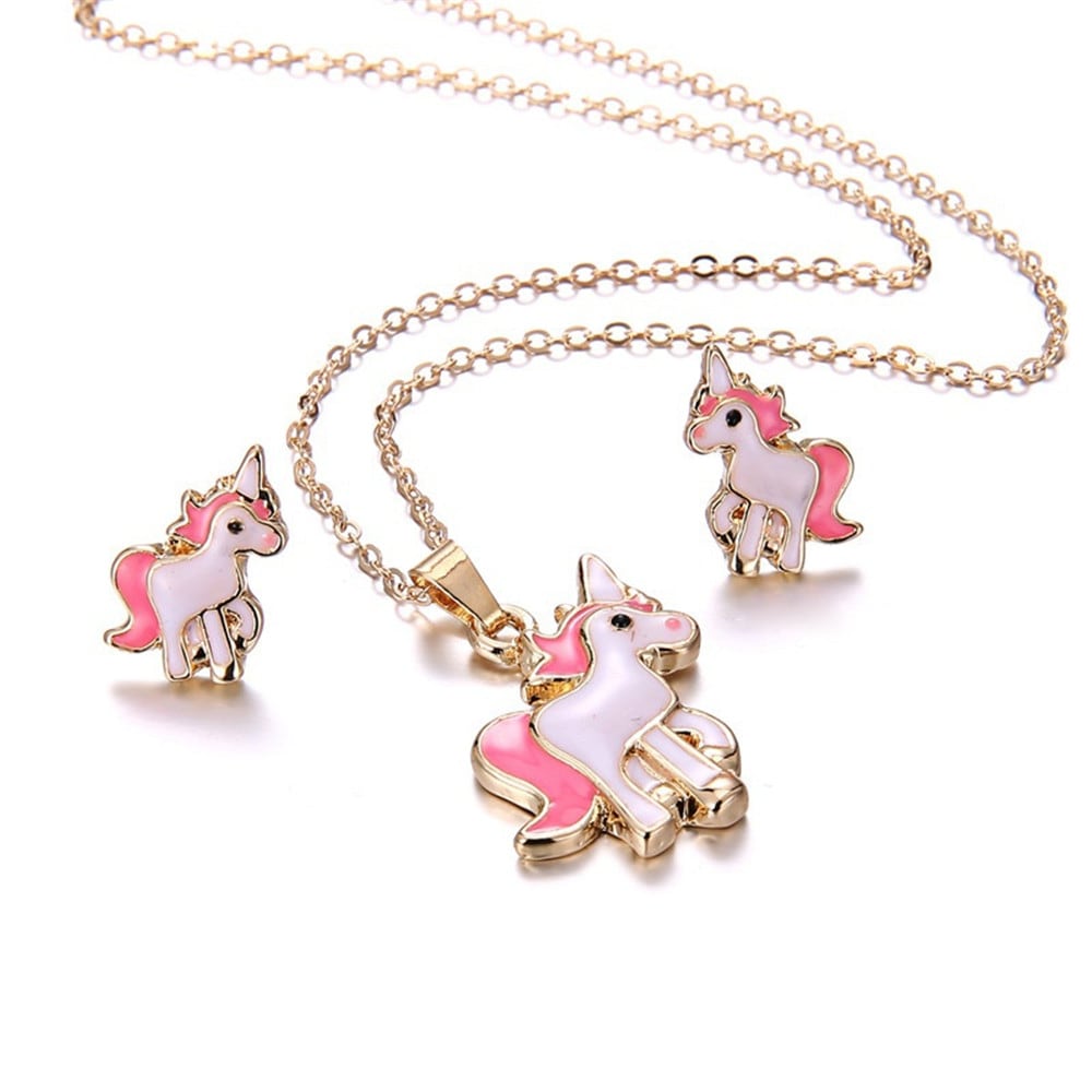 Pink Unicorn Necklace Earrings- Pink