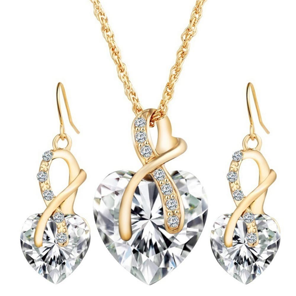 wedding jewelry Gold Plated Jewelry Sets For Women Crystal Heart Necklace Earrings Jewellery Wedding Accessories- White