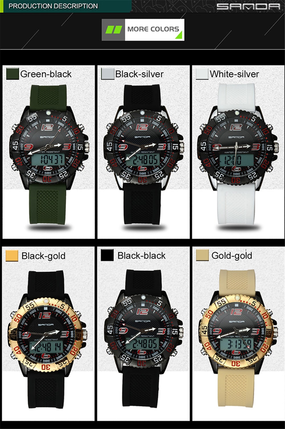 SANDA Sport Watch Men Military Waterproof Luxury Electronic Led Digital Watches- Multi-B