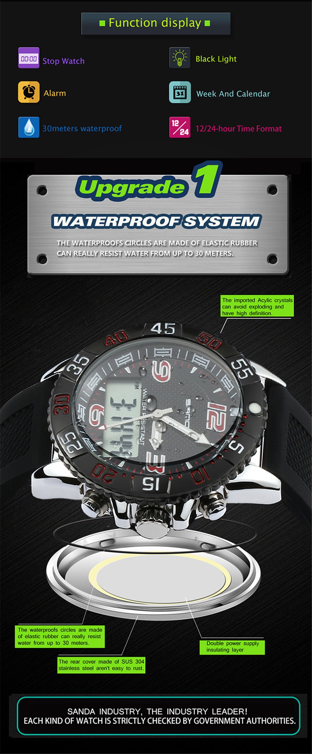 SANDA Sport Watch Men Military Waterproof Luxury Electronic Led Digital Watches- Multi-B