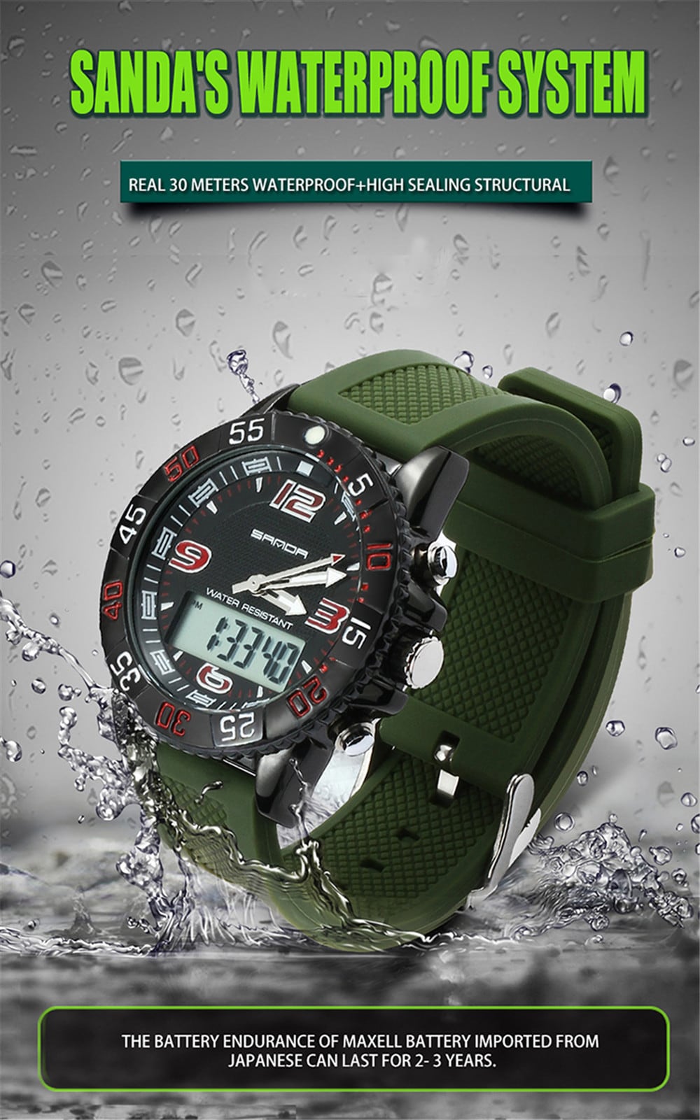 SANDA Sport Watch Men Military Waterproof Luxury Electronic Led Digital Watches- Multi-B