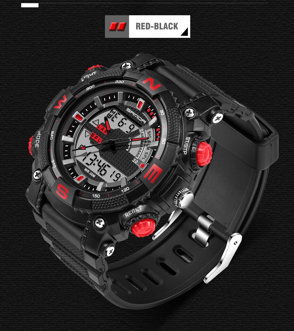 Sanda Fashion Men Dual Display Swimming Diving Sport Watch- Red