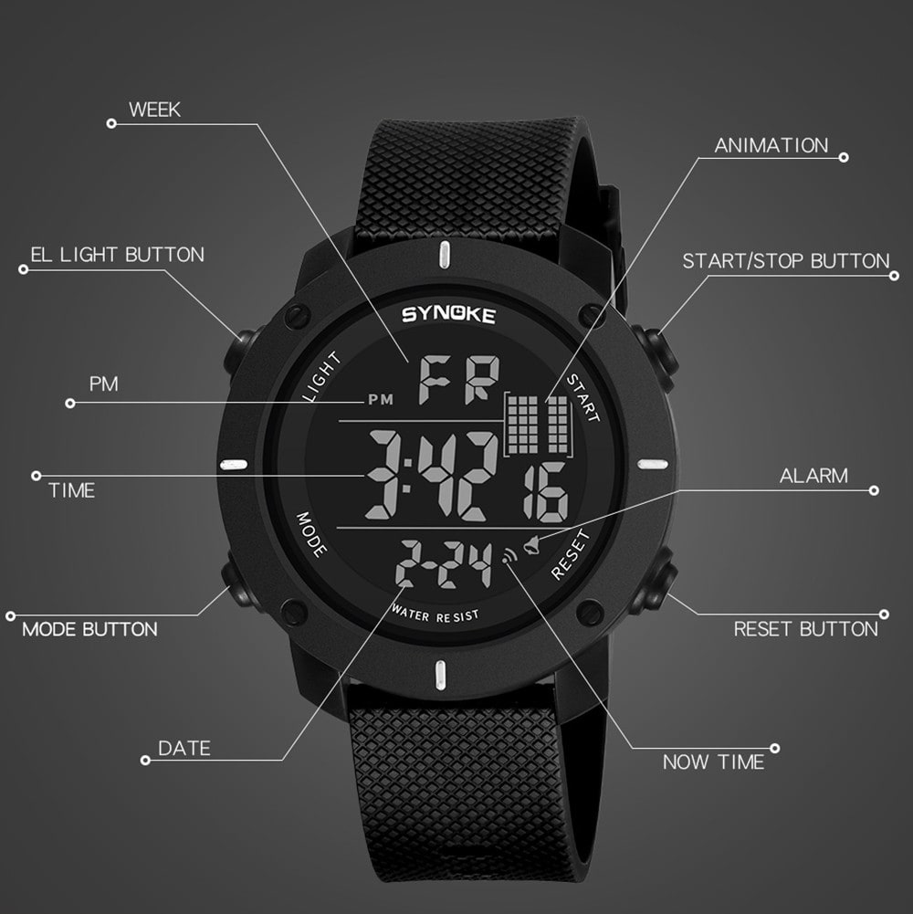 SYNOKE Multi-Functional Waterproof Outdoor Digital Watches- Black