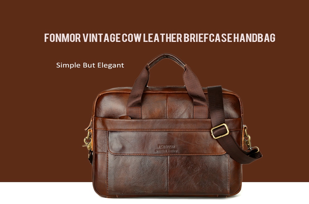 Vintage men's Cow Leather Briefcase Genuine Leather Handbag Laptop Briefcase- Deep Coffee