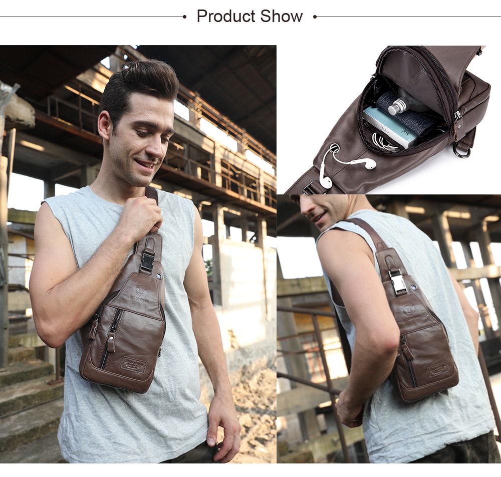 BULLCAPTAIN Anti-theft Leather Chest Bag for Men - Coffee