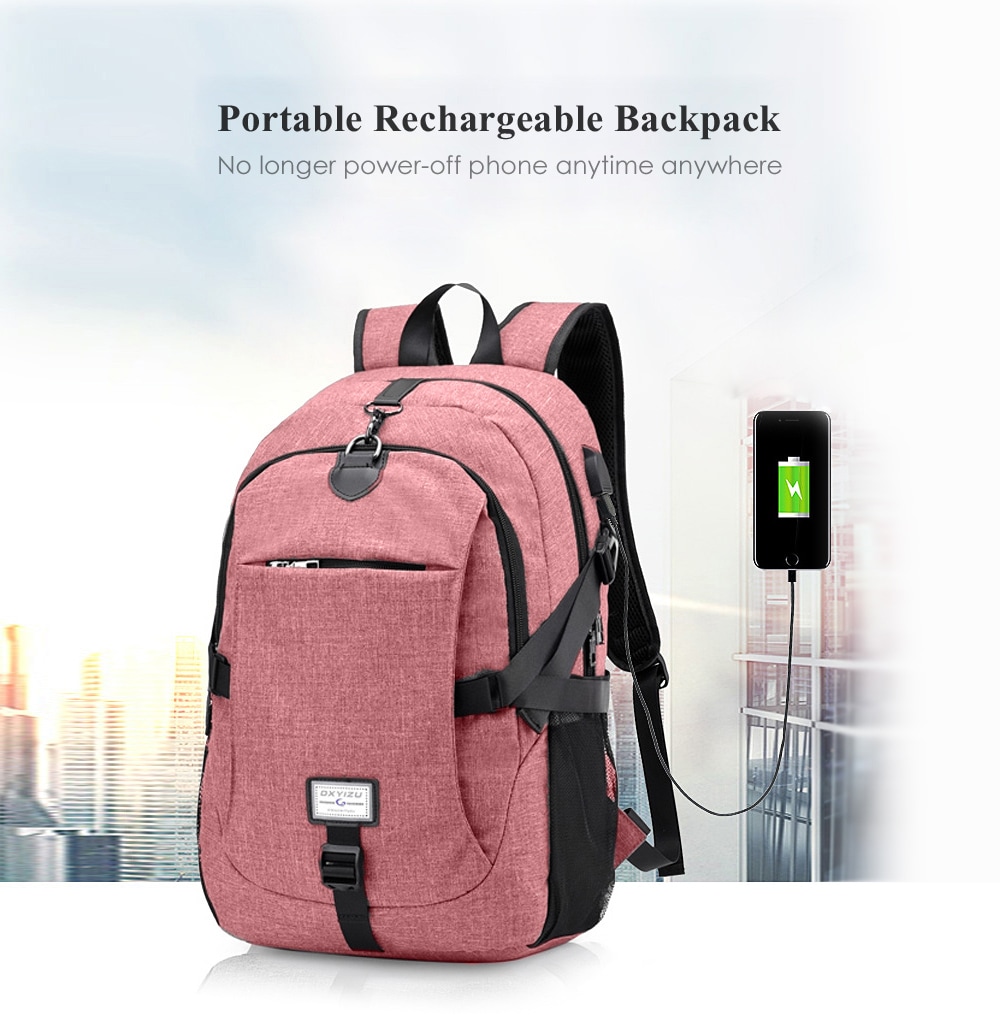 Men Canvas Casual Travel Backpack with USB Charge Port- Pink