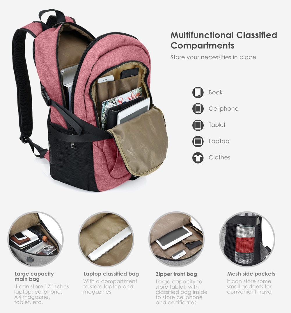 Men Canvas Casual Travel Backpack with USB Charge Port- Pink