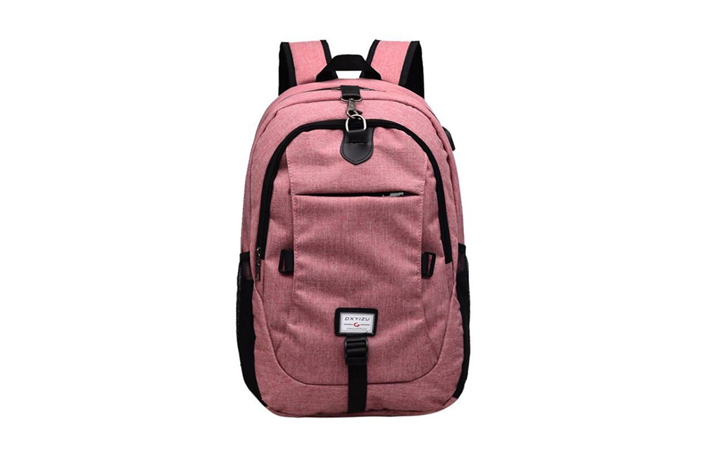 Men Canvas Casual Travel Backpack with USB Charge Port- Pink