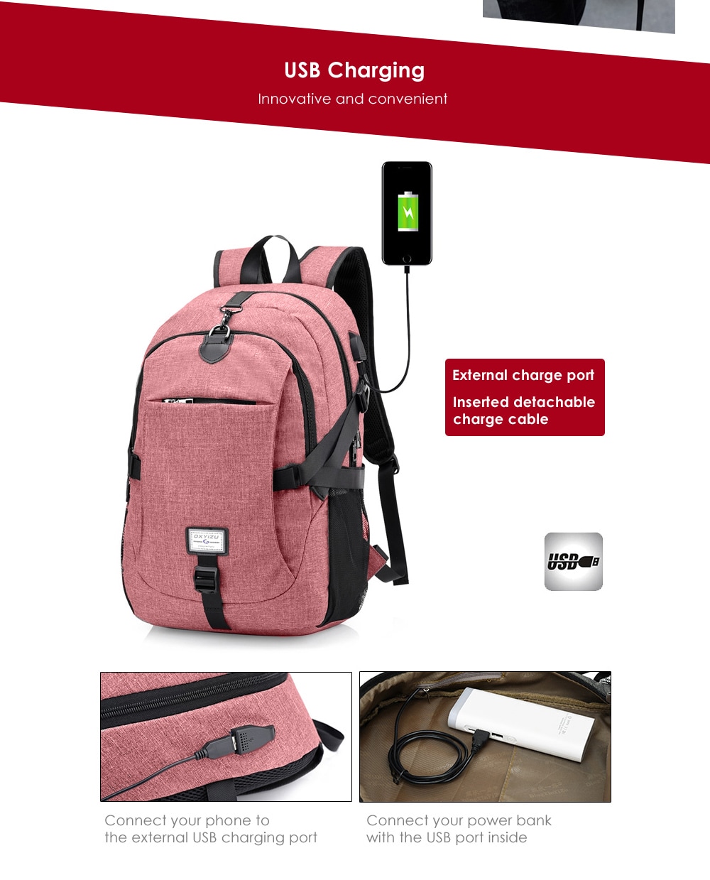 Men Canvas Casual Travel Backpack with USB Charge Port- Pink