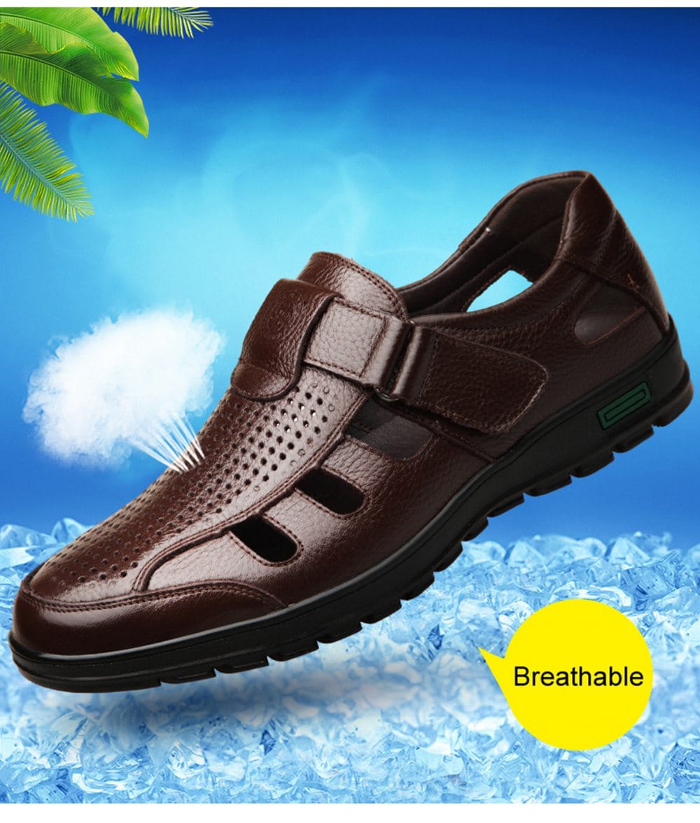 Muhuisen Men Leather Sandals Casual Beach Shoes- Deep Brown 40