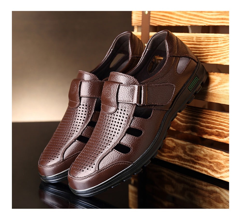 Muhuisen Men Leather Sandals Casual Beach Shoes- Deep Brown 40