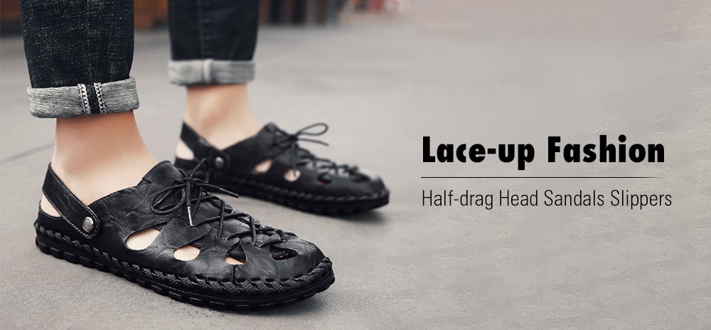 Lace-up Fashion Half-drag Head Sandals Slippers- Brown EU 42