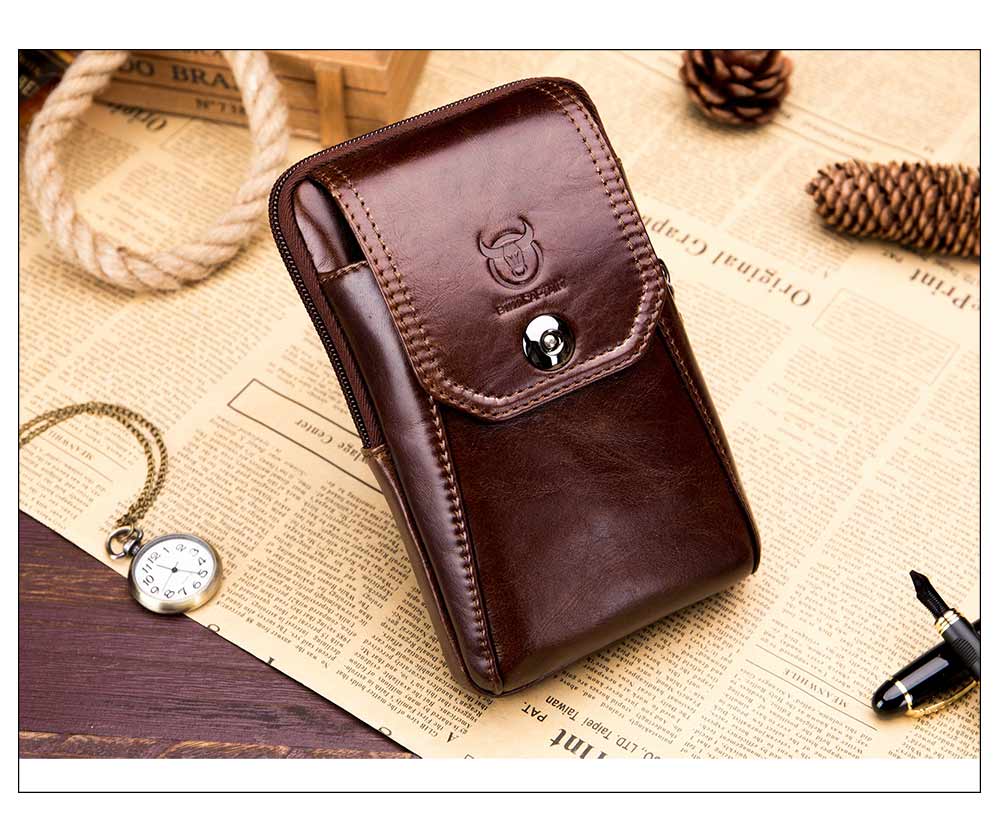 Genuine Leather Men's Waist Packs Phone Pouch Bags- Coffee