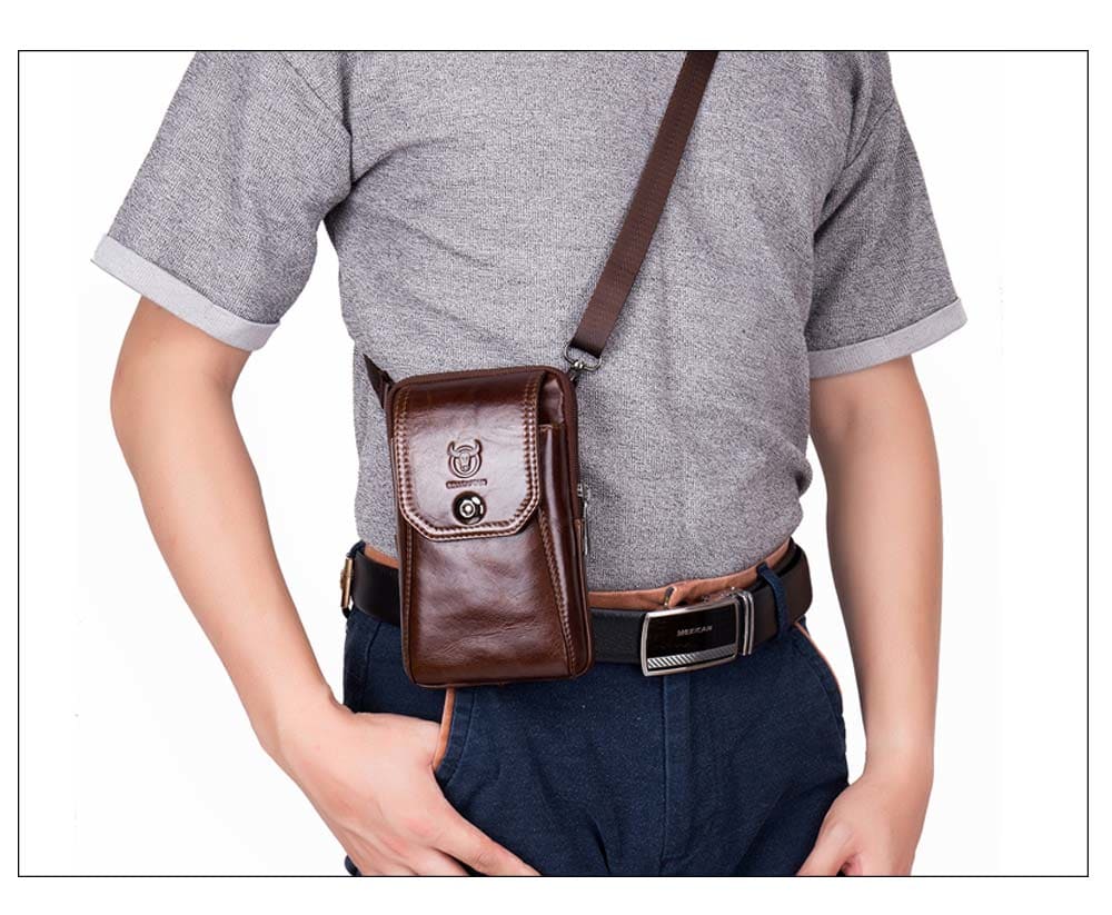 Genuine Leather Men's Waist Packs Phone Pouch Bags- Coffee