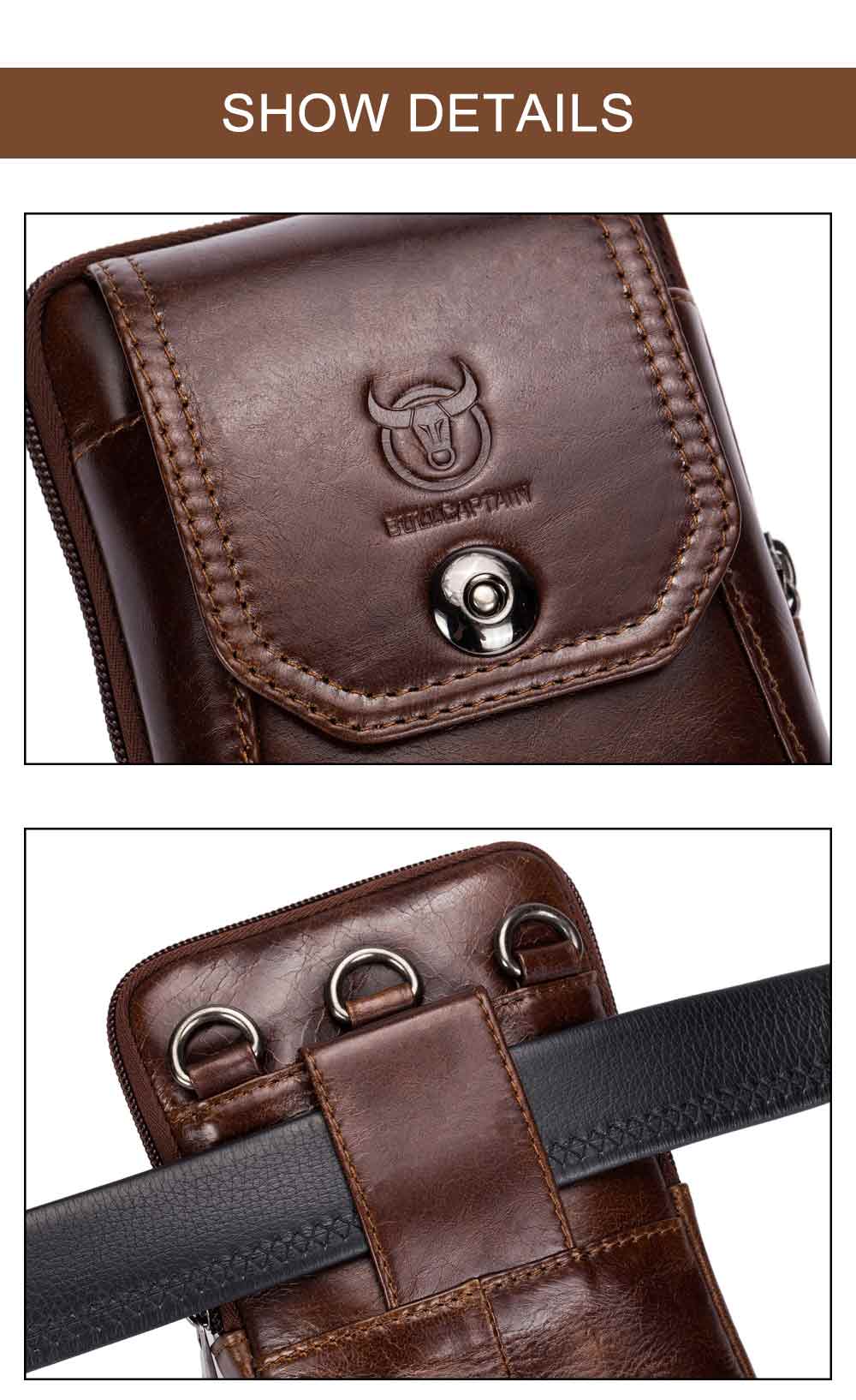 Genuine Leather Men's Waist Packs Phone Pouch Bags- Coffee