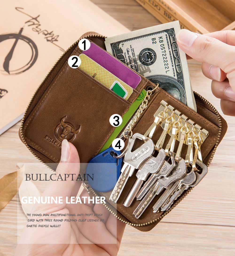 BULLCAPTAIN Leather Men's Leisure Multi-Functional Key Bag Leisure Card Set- Deep Coffee