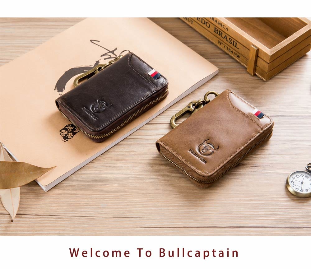 BULLCAPTAIN Leather Men's Leisure Multi-Functional Key Bag Leisure Card Set- Deep Coffee